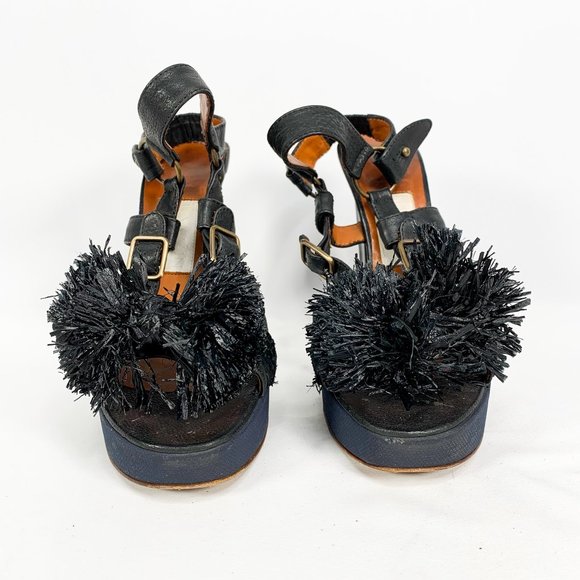 LANVIN Black Lametta Peep Toe Buckle Sandal Pumps - Picture 5 of 11